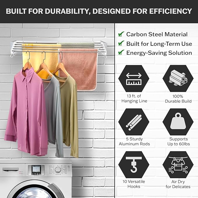 Foldable Wall Mounted Drying Rack - 31.5” Wide, 13.2 Ft Drying Space, 5 Aluminum Rods, Supports Up to 60 lbs - Retractable & Foldable Space-Saving Wall Mounted Clothes Drying Rack (White)