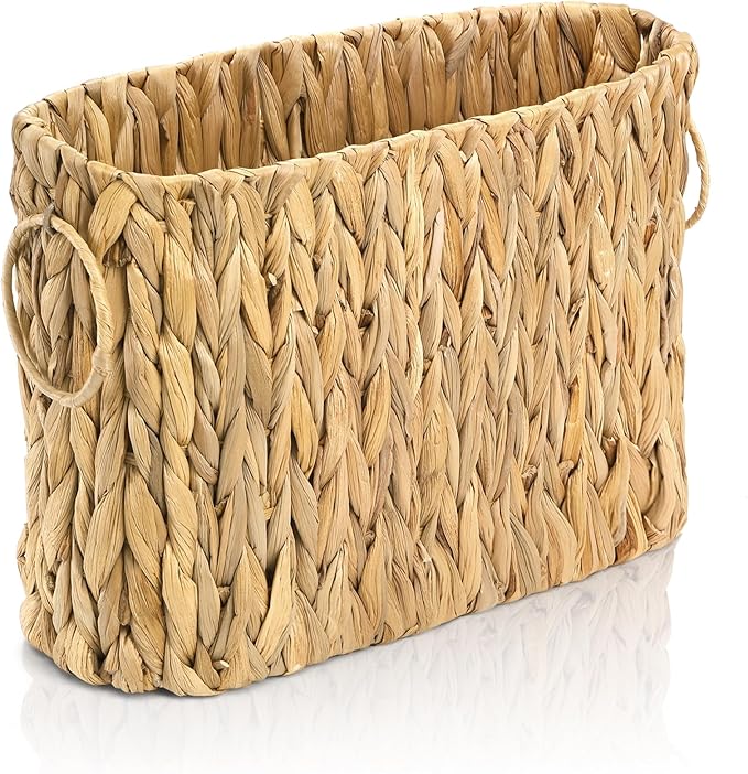 Toilet Paper Storage, Handwoven Toilet Paper Baskets with Handle for 9 Standard Rolls, Large Water Hyacinth Magazine Holder Narrow Wicker Trash Can for Bathroom Accessories