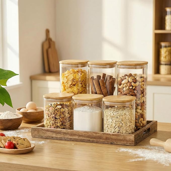 Square Glass Jars with Bamboo Lids 27 FL OZ [Set of 6], Glass Canisters with Airtight Lids, Glass Food Storage Containers for Coffee, Sugar, Tea, Candies, Cookies,Best for Kitchen & Pantry
