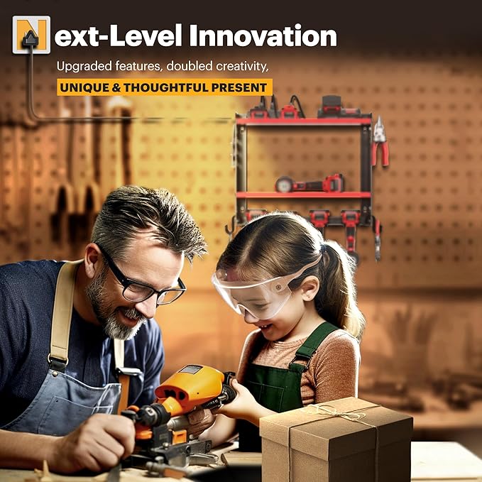Power Tool Organizer Wall Mount with Charging Station, Tool Battery Holder with 4 Outlet Power Strip, 15 Min Assembly & Maximum 100lb Load by Heavy Duty Metal, 4 Slots for Cordless Drill