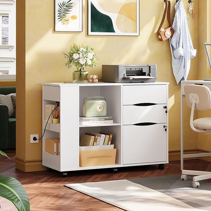 DEVAISE File Cabinet with Lock, 3 Drawer Rolling Mobile Lateral Filing Cabinets with Charging Station Printer Stand with Open Storage Shelves Fits A4 or Letter Size for Home Office White