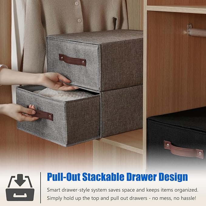 2PCS Closet Drawer Organizer Stackable Fabric Storage Boxes Bins Baskets with Lid PU Leather Handles Foldable Washable Cotton Linen Wardrobe Shelf Cloth Towels Container (Black, Large)