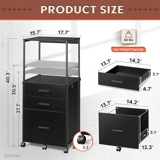 DEVAISE 3 Drawer File Cabinet with Adjustable Shelves, Rolling Wooden Filing Cabinet Mobile Printer Stand for Home Office, Black, 15.7" D x 17.7" W x 40.3" H