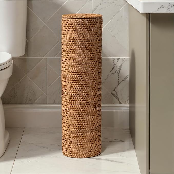 Creative Co-Op Woven Rattan Toilet Paper Roll Storage with Lid, Natural