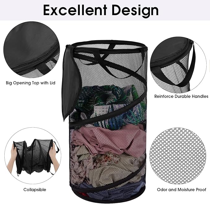 BATTOO 2 Pack Collapsible Laundry Basket with Lid Foldable Mesh Pop Up Hamper with Handles for Laundry Room, Bathroom, Kids Room, College Dorm, Travel, Storage Organizer Black+White