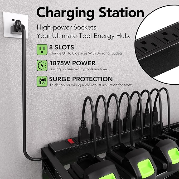 Power Tool Organizer Wall Mount with Charging Station – 12 Drill Holder Rack with 8-Outlet Power Strip, Heavy Duty Garage Battery Charging Station, Tool Storage Rack for DeWalt, Milwaukee