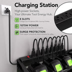 Power Tool Organizer Wall Mount with Charging Station – 12 Drill Holder Rack with 8-Outlet Power Strip, Heavy Duty Garage Battery Charging Station, Tool Storage Rack for DeWalt, Milwaukee