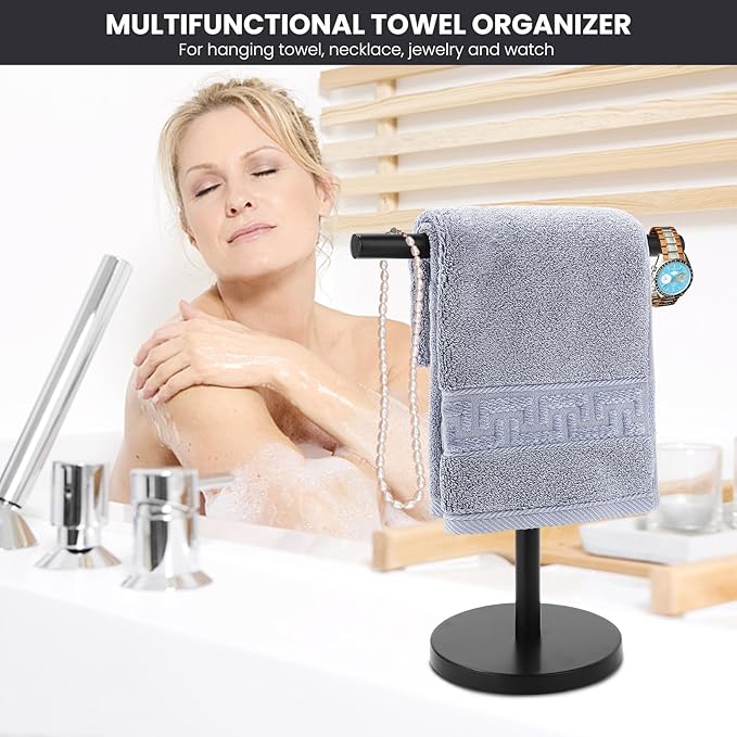 T-Shape Bath Hand Towel Holder Stand, Stainless Steel Free Standing Hand Towel Rack, for Bathroom Kitchen & Countertop, Matte Black