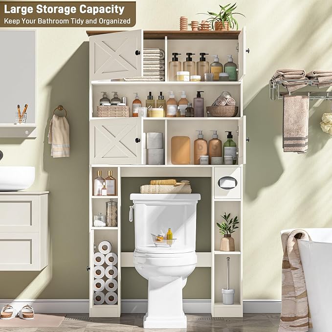 Over The Toilet Storage Cabinet, Farmhouse Storage Over Toilet with 4 Barn Doors & Adjustable Shelf, Space Saving Bathroom Organizer with Toilet Paper Holder Stand for Bathroom, Laundry, Rustic White