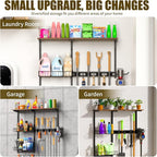 Broom Holder Wall Mount，Mop Rack With Storage Basket,Diversity Laundry Room Cleaning Tool Storage container，Suitable Family Garage Kitchen Organization Wall-Mounted Rack (Black, Medium)