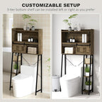 HOMCOM Over the Toilet Storage Cabinet, Freestanding Over Toilet Bathroom Organizer with Sliding Door, 3 Storage Compartments and 4 Open Shelves, Distressed Brown