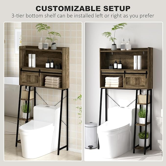HOMCOM Over the Toilet Storage Cabinet, Freestanding Over Toilet Bathroom Organizer with Sliding Door, 3 Storage Compartments and 4 Open Shelves, Distressed Brown