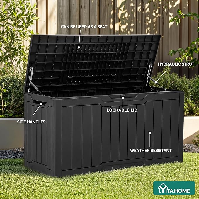 YITAHOME 80 Gallon Resin Deck Box, Outdoor Lockable Storage Box for Patio Furniture, Waterproof Patio Deck Box for Cushions, Pool Supplies, Sports Equipment and Garden Tools, Black