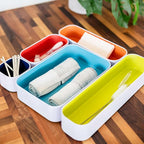 Three by Three Seattle 5 Piece Metal Organizer Tray Set for Storing Makeup, Stationery, Utensils, and More in Office Desk, Kitchen and Bathroom Drawers (2 Inch, Assorted Colors)