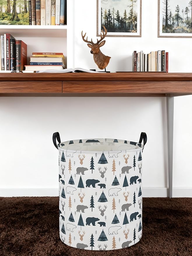 ESSME Kids Laundry Basket,Bear Hamper Collapsible Canvas Waterproof Storage Bin forBoys, Woodland Hamper,Gift Baskets(Bear)