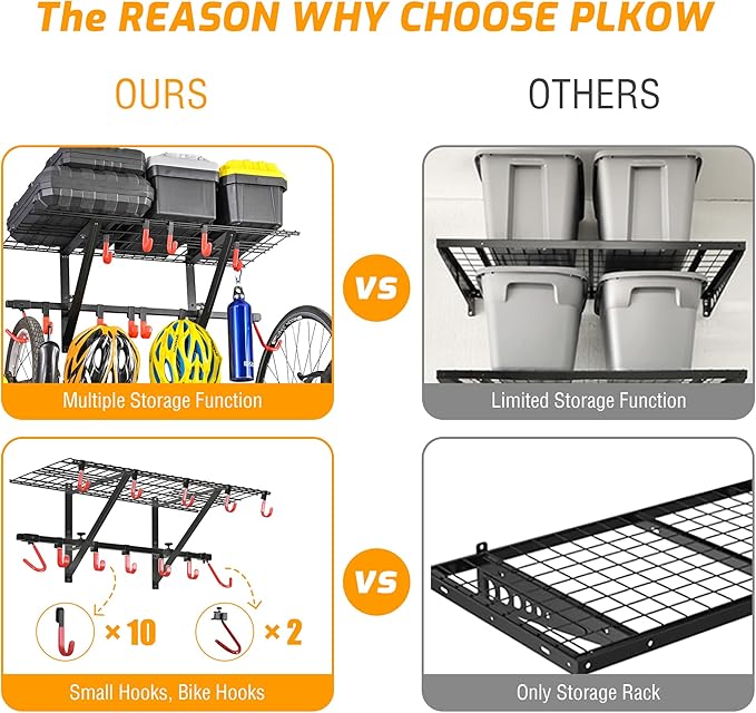 PLKOW Garage Wall Shelving 1 Pack Includes 2 Bike Hooks, Wall Shelves Garage Organizer with Vertical Bike Hanger, Powder Coated Steel (1 Pack)