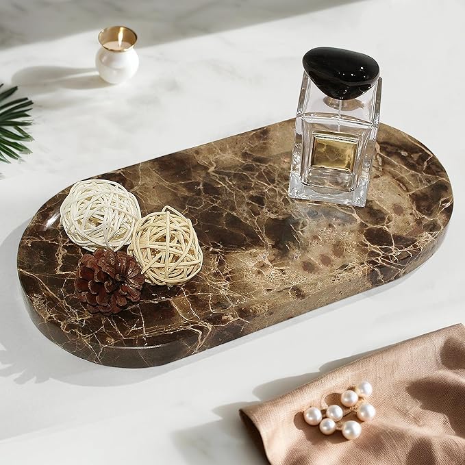 Genuine Real Natural Marble Tray for Bathroom, Luxury Dark Brown Stone Vanity Tray, Decorative Oval Trays for Countertop Storage, Vanity, Dresser, Kitchen, Home Decor, 11.8" x 6", Brown