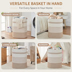 Laundry Basket with Handles - Blanket Basket & Hampers for Bedroom Aesthetic, Laundry Hamper & Blanket Storage for Living Room, Clothes Hamper, Tall, Large 17" x 14" x 22”, Brown & White