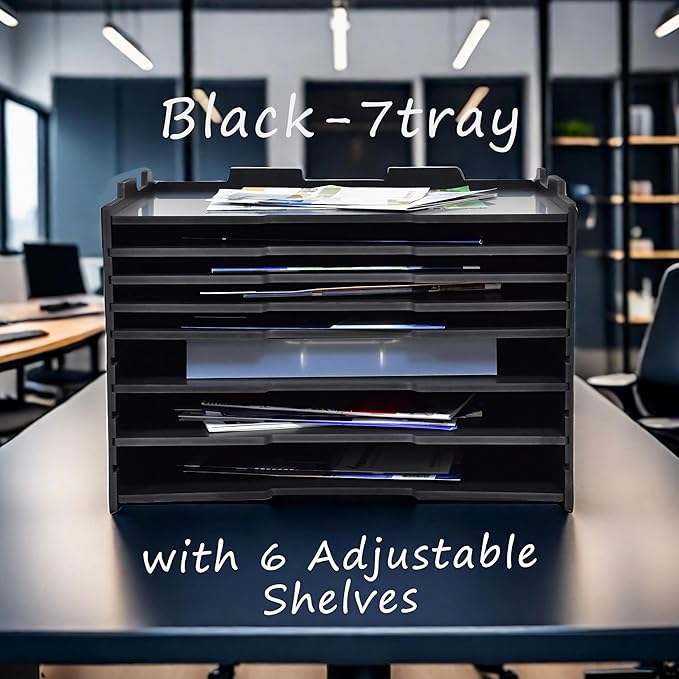 7 Tier Adjustable Shelves Office Desk Organizer,Wooden Desk File Organizer, Letter Tray, Document Letter Mail Tray Sorter, White/Black (Black-7tray(with 6 Adjustable Shelves))