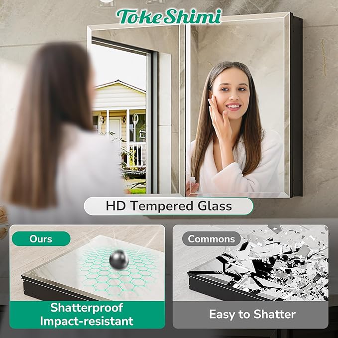 TokeShimi 30 x 26 Medicine Cabinet, Assembly Required, Recessed Medicine Cabinet with Tempered Beveled Mirror, DTC Hinge, Frameless Bathroom Mirror with Storage, Recessed/Surface-Mounted