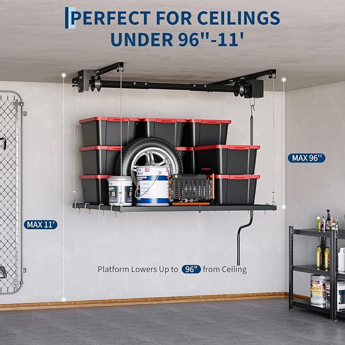 Overhead Garage Storage Rack, Adjustable 4x4 ft Heavy Duty Ceiling Mounted Storage Racks with Safety Lock, 250 lb Capacity Overhead Garage Storage Rack for Garage and Attic