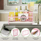 Cisily Extra Large Sink Caddy Organizer with Drying Stone, Pink Sponge Holder for Kitchen, Dish Brush Holder for Countertop, Kitchen Decor Storage and Essentials