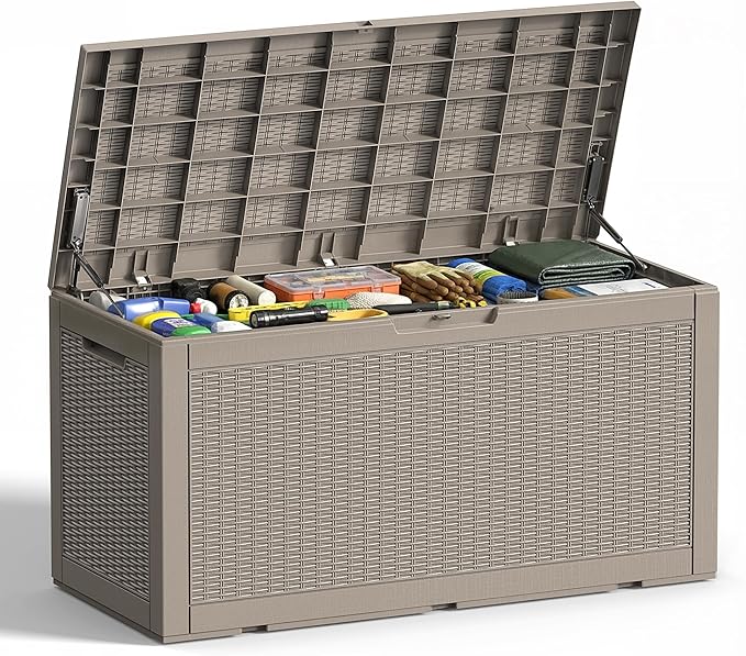 EFU Outdoor Storage Box 100 Gallon Deck Box Resin Outdoor Toy Storage With Lockable Lid, Hydraulic Struts, Rattan Style Package Delivery Boxes for Outside Patio Yard Garden (Light brown)