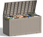 EFU Outdoor Storage Box 100 Gallon Deck Box Resin Outdoor Toy Storage With Lockable Lid, Hydraulic Struts, Rattan Style Package Delivery Boxes for Outside Patio Yard Garden (Light brown)