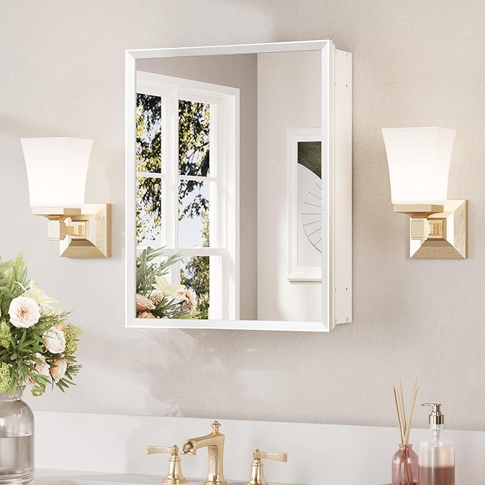 Keonjinn Small Medicine Cabinet Mirror 14" x 18", Assembly Needed, White Bathroom Medicine Cabinet with Mirror, Beveled Framed, Stepless Adjustable Shelf, One Shelf Only, Wall-Mounted or Recessed