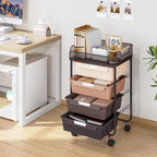 Rolling Cart with 4 Drawers,4 Tiers Rolling Utility Cart Craft Cart,Rolling Storage Drawer Cart with Mesh Top,Storage Cart with Drawers & 4 PCS DIY Lable, Brown