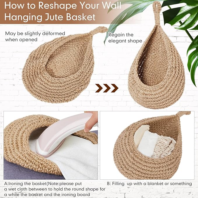 Honeydak Boho Decor Hanging Wall Baskets for Kitchen 3 Pack Teardrop Baskets with Hooks Storage Fruit Onion Vegetable Potato for Home 3 Sizes(Light Linen,Teardrop,Cotton Rope)