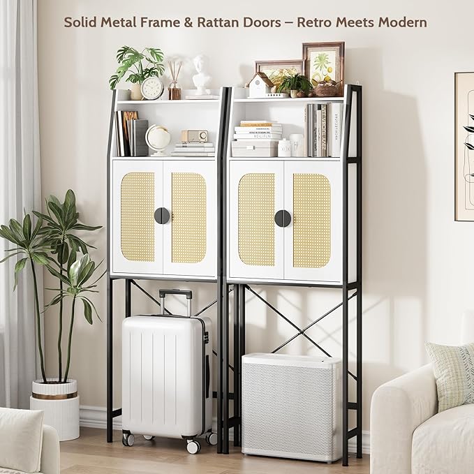 Over The Toilet Storage Cabinet with Rattan Doors, Bathroom Organizer with Adjustable Shelf, Metal Frame & Anti-Tip Device, Space-Saving Wood Cabinet for Bathrooms, Laundry Room, White