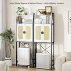 Over The Toilet Storage Cabinet with Rattan Doors, Bathroom Organizer with Adjustable Shelf, Metal Frame & Anti-Tip Device, Space-Saving Wood Cabinet for Bathrooms, Laundry Room, White