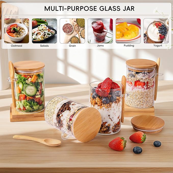 Overnight Oats Containers with Lids,16oz Overnight Oats Jars 4 Pack, Oatmeal Cups,Meal Prep Containers,Glass Meal Prep Containers with Lids,China Pudding Jars
