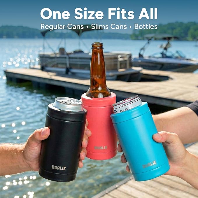 DUALIE 3 in 1 Insulated Can Cooler - 15+ Colors - Universal Size for 12 oz Cans, Slim Cans, and Bottles