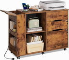 DEVAISE File Cabinet with Lock, 3 Drawer Rolling Mobile Lateral Filing Cabinets with Charging Station Printer Stand with Open Storage Shelves Fits A4 or Letter Size for Home Office Rustic Brown