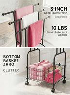42.5" H Free Standing Towel Rack, 3-Tier Reinforced Alloy Metal Towel Racks for Bathroom with Wheels and Storage Basket, Large Size Pool Towel Rack Outdoor, Multi-Use Blanket Drying Stand