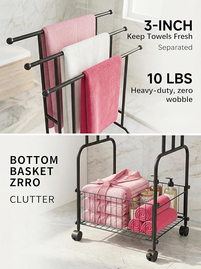 42.5" H Free Standing Towel Rack, 3-Tier Reinforced Alloy Metal Towel Racks for Bathroom with Wheels and Storage Basket, Large Size Pool Towel Rack Outdoor, Multi-Use Blanket Drying Stand