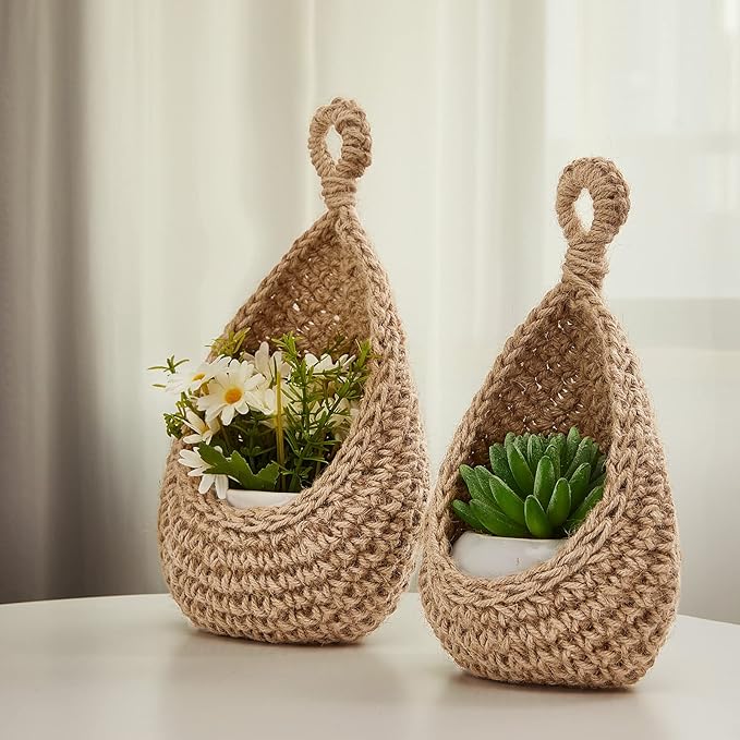 Honeydak Boho Decor Hanging Wall Baskets for Kitchen 3 Pack Teardrop Baskets with Hooks Storage Fruit Onion Vegetable Potato for Home 3 Sizes(Light Linen,Teardrop,Cotton Rope)