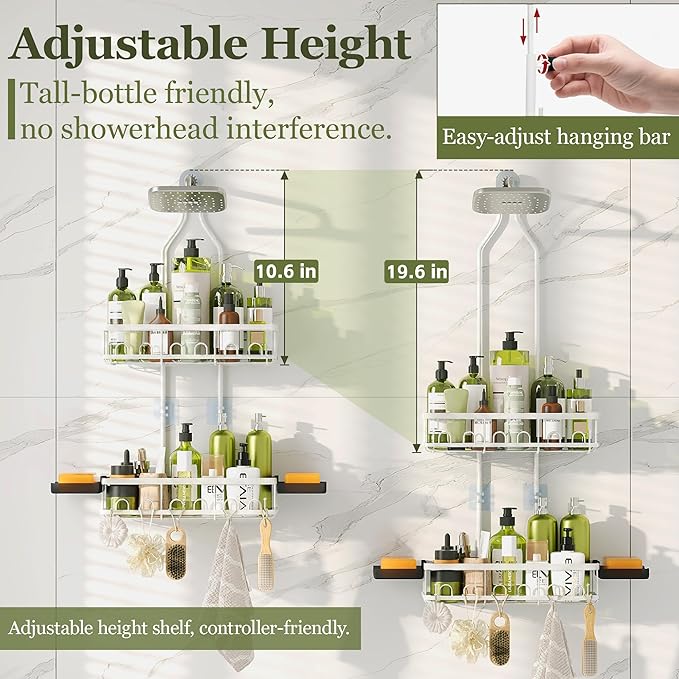 Shower Caddy Hanging: Adjustable Height Organizer for Over Showerhead - Rustproof Shower Shelves with Hooks & 2 Soap Holders, White