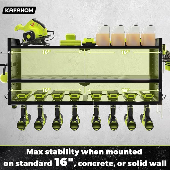 KAFAHOM Power Tool Organizer，Large 8 Drill Holder Wall Mount ，Heavy Duty Metal Tool Shelf with 12 Hooks，Storage Rack for Garage Organization，Utility Cordless Drill Holder and Battery Shelves