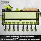 KAFAHOM Power Tool Organizer，Large 8 Drill Holder Wall Mount ，Heavy Duty Metal Tool Shelf with 12 Hooks，Storage Rack for Garage Organization，Utility Cordless Drill Holder and Battery Shelves
