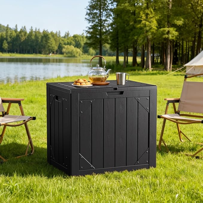 Outdoor Storage Box - 30 Gallon Waterproof Resin Deck Box, Lockable Patio Storage Bench for Package Delivery, Cushions & Garden Tools, UV Resistant (Black)