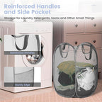 HOUSE AGAIN Mesh Popup Laundry Hamper, [Reinforced] Collapsible Laundry Basket, Foldable Pop Up Hamper with Durable Handles, Easy to Open and Fold for Dorm, Laundry Room, Bedroom, RV, (Grey）