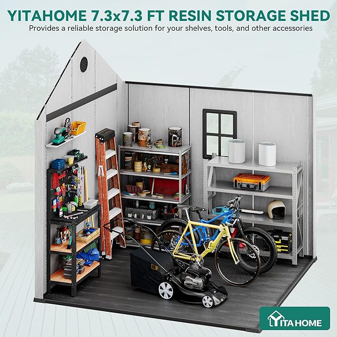 YITAHOME 8X8 ft Outdoor Plastic Storage Shed with Floor, 16mm Extra Thick Waterproof Garden Shed with Vision Window, Lockable Door & Vents, Heavy Duty Tool Storage for Patio, Lawn Mower, Bike, Gray