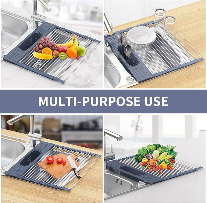 LEMIKKLE Roll Up Dish Drying Rack 17 x 15 Over The Sink Dish Drying Rack, Multi-Purpose Kitchen Rolling Dish Drainer Foldable SUS 304 Stainless Steel Dish Drying Rack