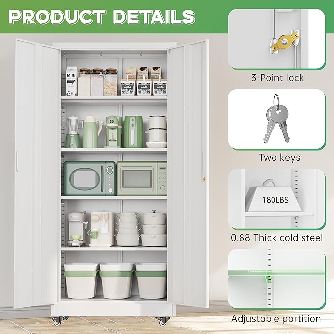 INTERGREAT Metal Storage Cabinet with Wheels, 73" H Rolling Metal Cabinets with Doors and Shelves, White Steel Lockable Cabinet on Wheels for Garage Storage