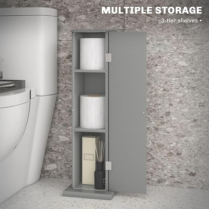 HOMCOM Toilet Paper Cabinet, Small Bathroom Corner Floor Cabinet with Doors and Shelves, Thin Storage Bathroom Organizer for Paper Shampoo, Gray