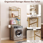 HOME BI Over The Toilet Storage Shelf, 3-Tier Over Toilet Bathroom Organizer Rack, Freestanding Space Saver Toilet Stands with Hooks, Gold