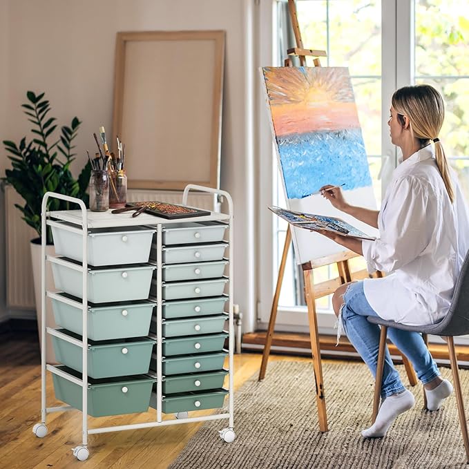 LUARANE Rolling Cart with 15 Drawers, Craft Storage Cart with Portable Handles & Lockable Wheels, Mobile Toys Organizer, Large Capacity Utility Drawer Cart Home Office School Teacher (Gradient Green)